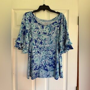 Lilly Pulitzer Blue & Teal Floral Ruffle Sleeve Top size XL